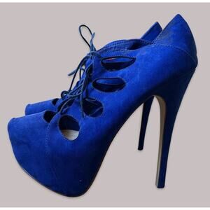 Women’s Size 7.5-JUSTFAB Lace-Up Platform Stiletto Heel, Royal Blue, Suede